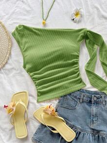 Top de mujer de color amarillo claro con tirantes asimétricos y hombros atados, fluido y ajustado, adecuado para fiesta, vacaciones, festival de música, estilo bohemio, cita de vacaciones, té de la tarde - Verde - Ver 4