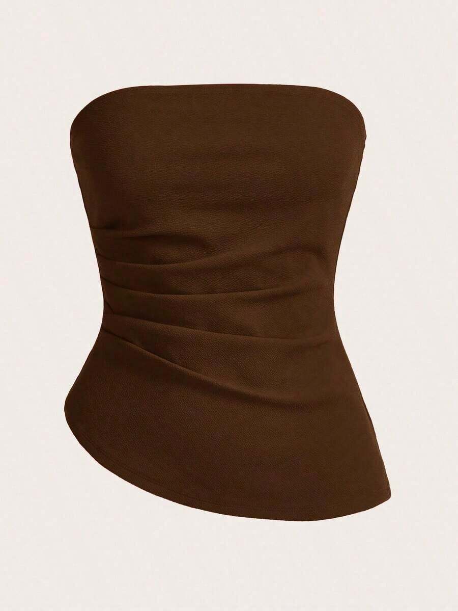 Top tubo sencillo y elegante con cintura fruncida, adecuado para verano, top tubo azul marino, tops tubo para mujer, top sin tirantes para mujer, top tubo azul marino - Café integral - Ver 1