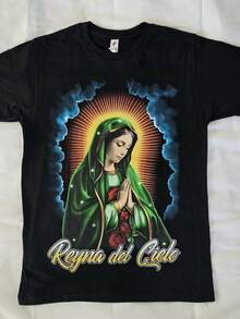 Unisex T-Shirt Of The Virgin Of Guadalupe - 220gsm Pure Cotton, Retro Style With Religious Icon Graphic, Mexican Cultural Clothing, Casual Wear For Men And Women - 黑色 - 查看 6