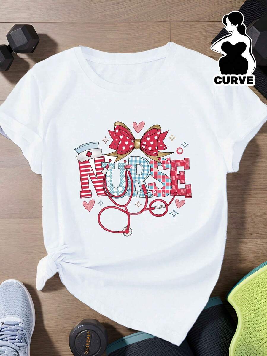 Camiseta de Algodón Oversize para Mujer, Moda 2026 - Camiseta de Mujer Talla Grande con Temática de Enfermería - Casual Deportiva, Manga Corta, Cuello Redondo, Fibra de Poliéster - Negra, con diseño de estetoscopio y corazón, lavable a máquina, camiseta de enfermera, deportiva, diseño de corazón, patrón atractivo y divertido, camiseta holgada y elegante hecha de tela suave y sedosa, camiseta de mujer cómoda, suave, sencilla para uso diario, top de manga corta. - Blanco - Ver 1
