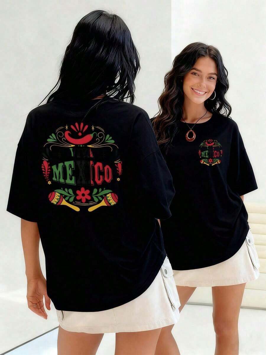 Vibrant Graphic Celebrating Mexican Culture With Maracas, Flowers, And Chili Peppers Symbolizing Joy And Tradition. Women's T-Shirt, 100% Double-Sided Cotton. Suitable For Spring, Summer, And Autumn. - 黑色 - 查看 1
