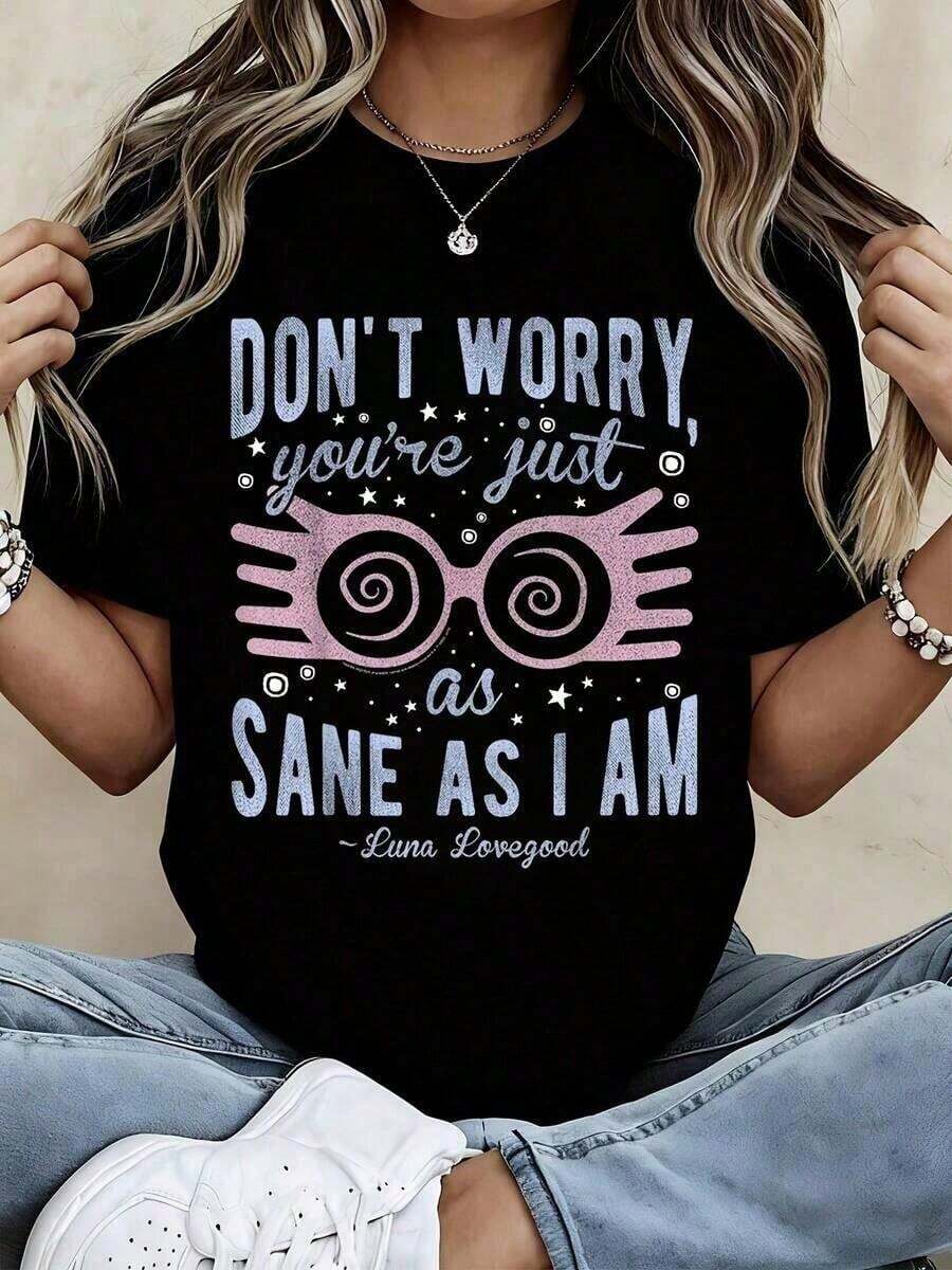 Women's Casual Graphic Tees - Inspired By Luna Lovegood's Quote: "Don't Worry, You're As Healthy As I Am." Women's Summer Outfits, Oversized Tee, Streetwear, Short-Sleeved Cotton Tee, Women's Tops, Summer Tops, Loose-Fitting Tee, Everyday Wear. Suitable For Spring, Summer, And Fall. - 黑色 - 查看 1