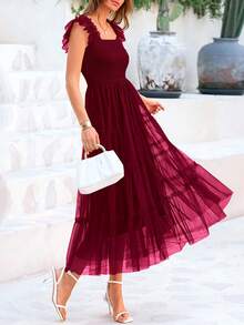 Women's Summer Mid-Length Dress Casual Sleeveless Pleats Ruffled Tulle Flowing New Year Party Wedding Guest Graduation Sundress - Màu Đỏ Sâu - Xem 1