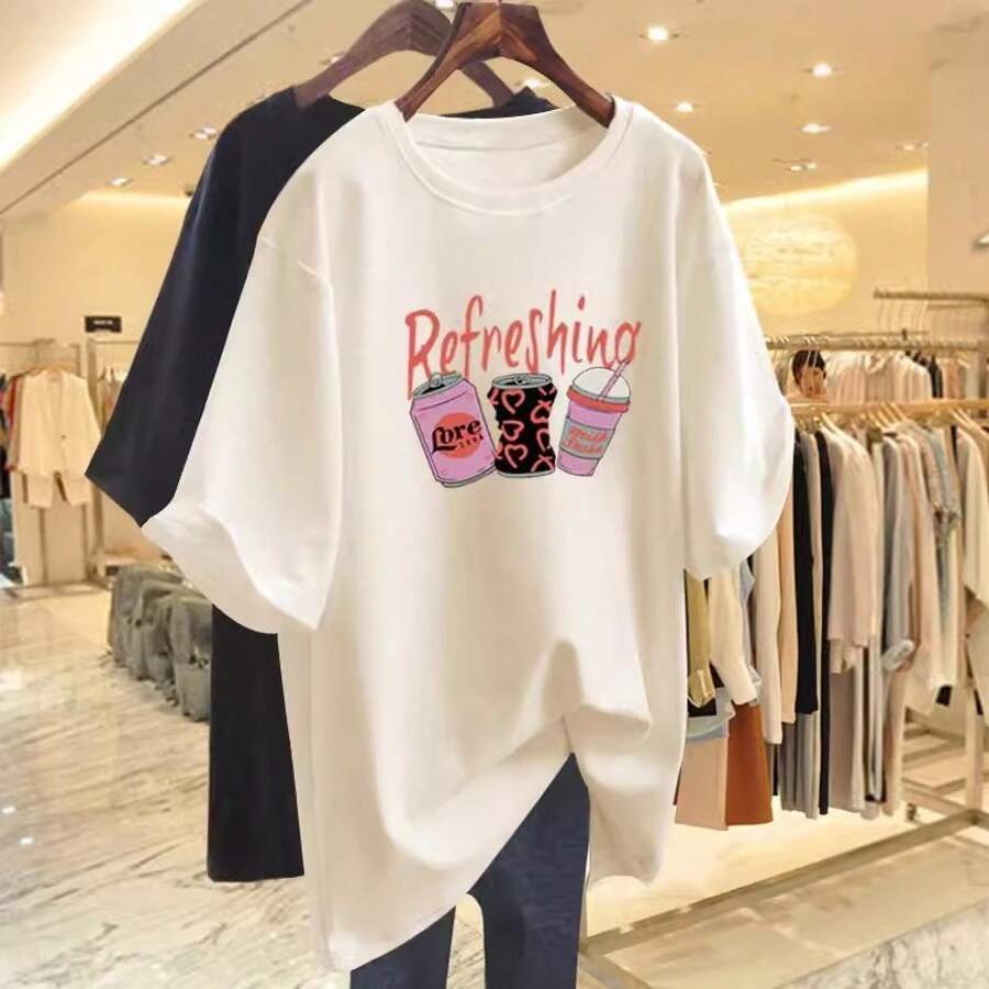 Women's Casual Printed T-Shirt, Short Sleeves, Round Neck, Spring/Summer Urban Fashion Unisex T-Shirt. 0SIH - 杏色 - 查看 1