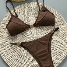 Nuevo bikini de color sólido, de corte bajo, con espalda descubierta y diseño de dos piezas. - marrón - Ver 3