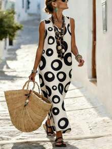 Holidaya Vestido suelto de mujer con cuello en V sin mangas con estampado retro circular, cómodo de llevar, adecuado para vacaciones, citas, ocasiones elegantes y casuales;corte suelto, adecuado para crear un atuendo elegante, de moda y casual;vestido tipo kaftan, adecuado para mujeres;vestido de estilo bohemio de verano;vestido de vacaciones para mujer;vestido de estilo mediterráneo - Multicolor - Ver 5