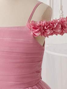 Đầm dài dự tiệc sinh nhật thanh lịch màu trơn cho bé gái tuổi teen, kiểu dáng hai dây, chất liệu ren lưới, thích hợp làm phù dâu trong đám cưới, tiệc tối, không kèm băng đô. - Bụi hồng - Xem 6