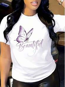 Women's Yellow Casual T-Shirt, Modern Minimalist Style, With Inspirational Butterfly Print, Short Sleeve, Perfect For Spring And Summer, Women's T-Shirt, Casual For Everyday Wear - 白色 - 查看 7