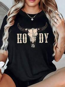 Loose Women's T-Shirt With A Bull Skull Print, Casual And Modern Style. Perfect For A Bold And Original Look! Basic Cotton T-Shirt With A Round Neck For Women. - 黑色 - 查看 12