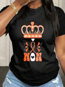 Women's Plus Size T-Shirt I Won Queen, Casual, Short Sleeve, Round Neck, Medium Elasticity Fabric, Suitable For Spring, Summer And Autumn Casual Outfits, Machine Washable, Fun Design - Black - View 1