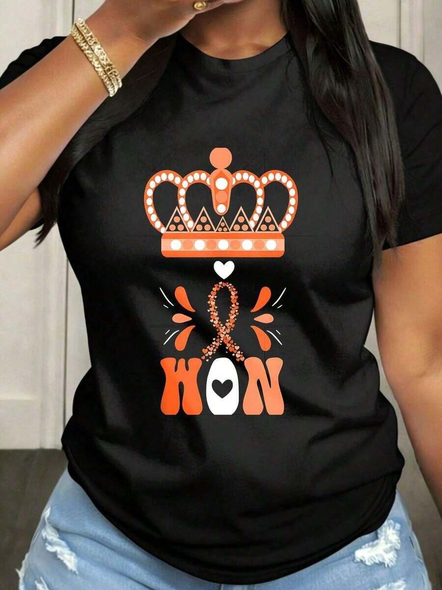 Women's Plus Size T-Shirt I Won Queen, Casual, Short Sleeve, Round Neck, Medium Elasticity Fabric, Suitable For Spring, Summer And Autumn Casual Outfits, Machine Washable, Fun Design - Black - View 1
