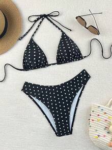 Nuevo conjunto de bikini de dos piezas para mujer, sexy, con cordones, de lunares, negro, para la playa en verano. - Negro - Ver 1