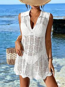 Cubre vestido de punto calado de unicolor para mujer, para el verano - Blanco - Ver 4