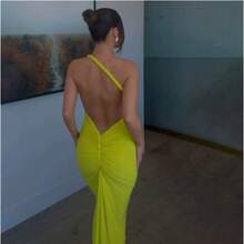 Vestido largo cuello halter espalda descubierta color liso  A-line holgado nueva llegada - Verde - Ver 7