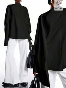 2026 Nueva camisa de manga larga de unicolor de estilo callejero minimalista para mujer, primavera/verano, negro - Negro - Ver 7