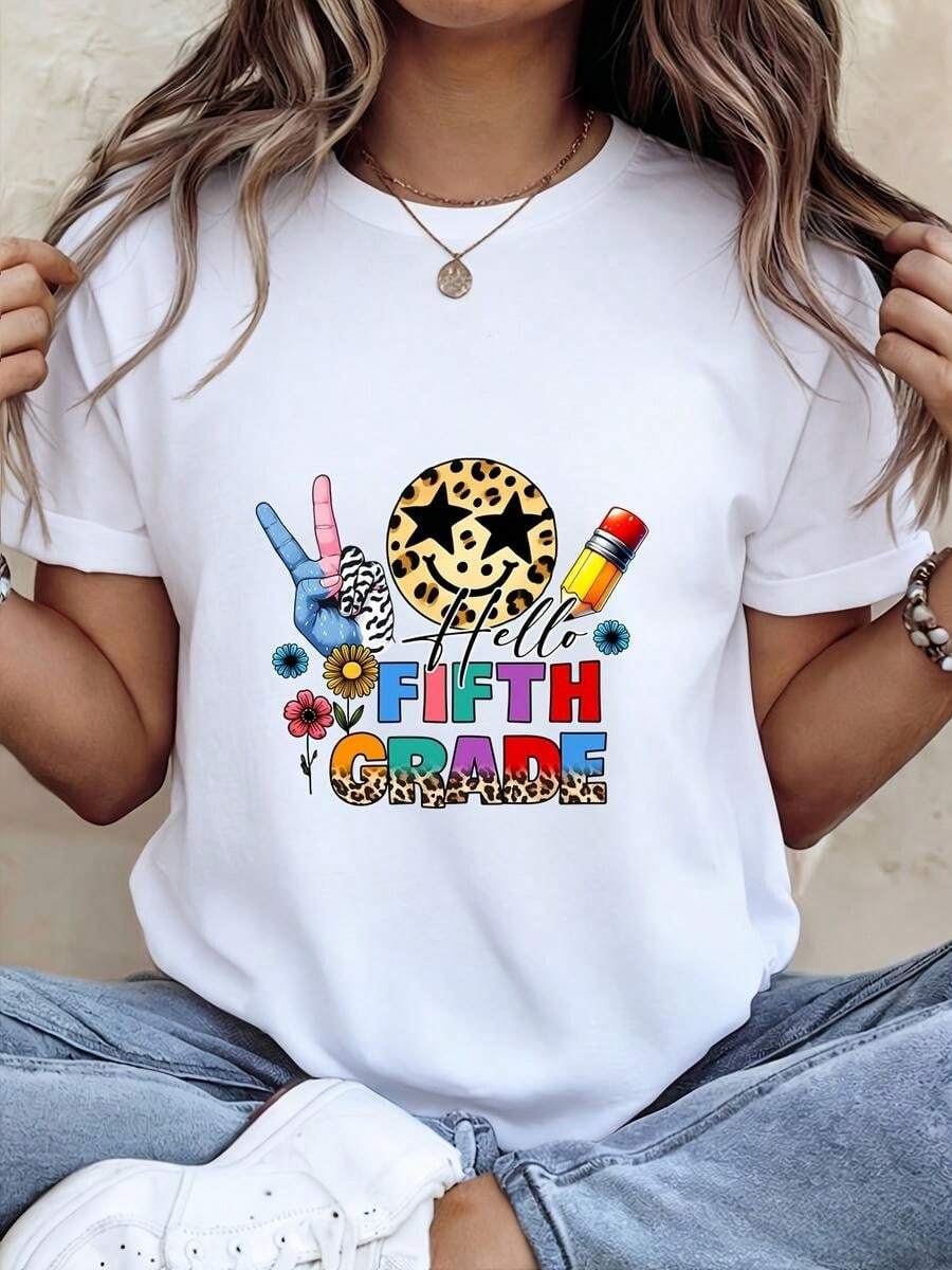 A Classic And Versatile Piece: A Women's Short-Sleeved, Pure Cotton T-Shirt With A Fifth-Grade Print, Perfect For Year-Round Wear. Modern Style. - 白色 - 查看 1