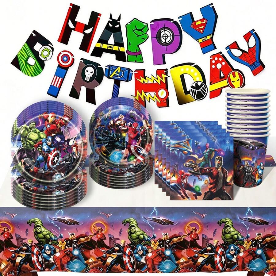 儿童生日派对装饰套装 - 纸杯、餐巾纸、盘子、桌布、旗帜、游戏 - 主题气球派对套装 - 餐具、儿童玩具 - 餐具套裝 - 查看 1