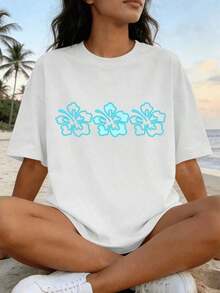 100% Pure Cotton, New Summer 2026 Collection, Women's Blouse, Millennium Elegant Clothing, Women's Loose T-Shirt, Casual Tropical Floral Shell And Starfish Print, Off-Shoulder, Short Sleeve, Round Neck, Summer Blouse, Premium Spring Outfit For Women, Summer Beach Shirt For Women, Fashion. - 白色 - 查看 5