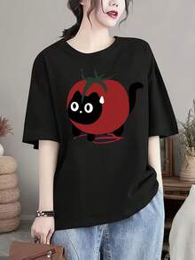 Women's Personalized Summer T-Shirt, Cotton Blend, Short Sleeve, Black Cat And Tomato Print, Unique Design - Urban Vintage Style, Unisex, Loose Fit, Cotton, Short Sleeve, Round Neck - 杏色 - 查看 5