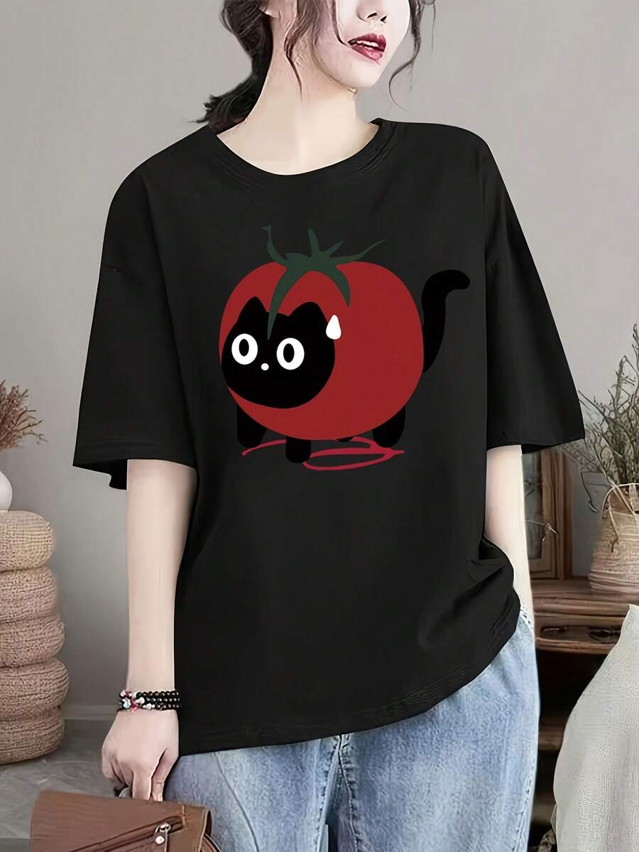Women's Personalized Summer T-Shirt, Cotton Blend, Short Sleeve, Black Cat And Tomato Print, Unique Design - Urban Vintage Style, Unisex, Loose Fit, Cotton, Short Sleeve, Round Neck - 黑色 - 查看 1