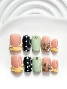 Bộ 10 miếng dán móng tay thủ công thanh lịch, bộ dụng cụ vẽ móng gel, trang trí móng hình kim cương màu sâm panh, phụ kiện móng chấm bi, sơn móng tay màu xanh bạc hà, vàng và đen, phong cách tươi mới, bao gồm dụng cụ làm móng (1 miếng dán gel + 1 dũa móng), 3 kích cỡ: vuông, vuông ngắn, hình hạnh nhân, phù hợp cho tiệc tùng, sử dụng hàng ngày, chụp ảnh, đi làm mùa xuân/hè. - Nhiều màu - Xem 4
