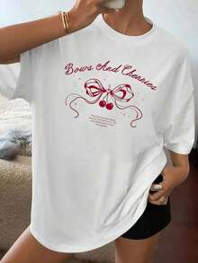 Camiseta de manga corta con cuello redondo de algodón para mujer, estampado de lazo y cerezas, top deportivo casual holgado, suéter cómodo y versátil para el verano. tops de mujer camisetas - Estilo - Ver 1
