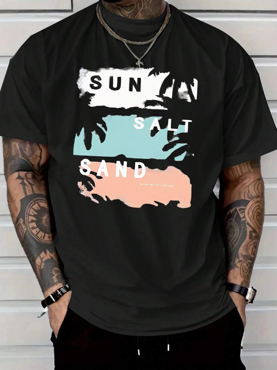 New 2025 Men's Solid Color Casual T-Shirt With SUN SALT SAND Pattern Design, Made Of Comfortable And Breathable Fabric, Perfect For Everyday Wear And Suitable For Men's Outdoor Summer Clothing. - Black - View 1