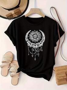 Camiseta de mujer con estampado colgante, moda europea y americana, cuello redondo, manga corta, jersey deportivo para mujer. - Negro - Ver 1