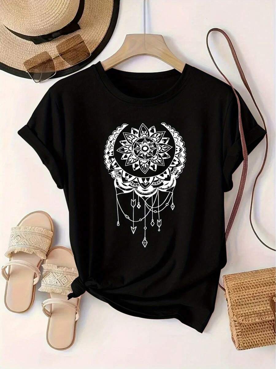 Camiseta de mujer con estampado colgante, moda europea y americana, cuello redondo, manga corta, jersey deportivo para mujer. - Negro - Ver 1