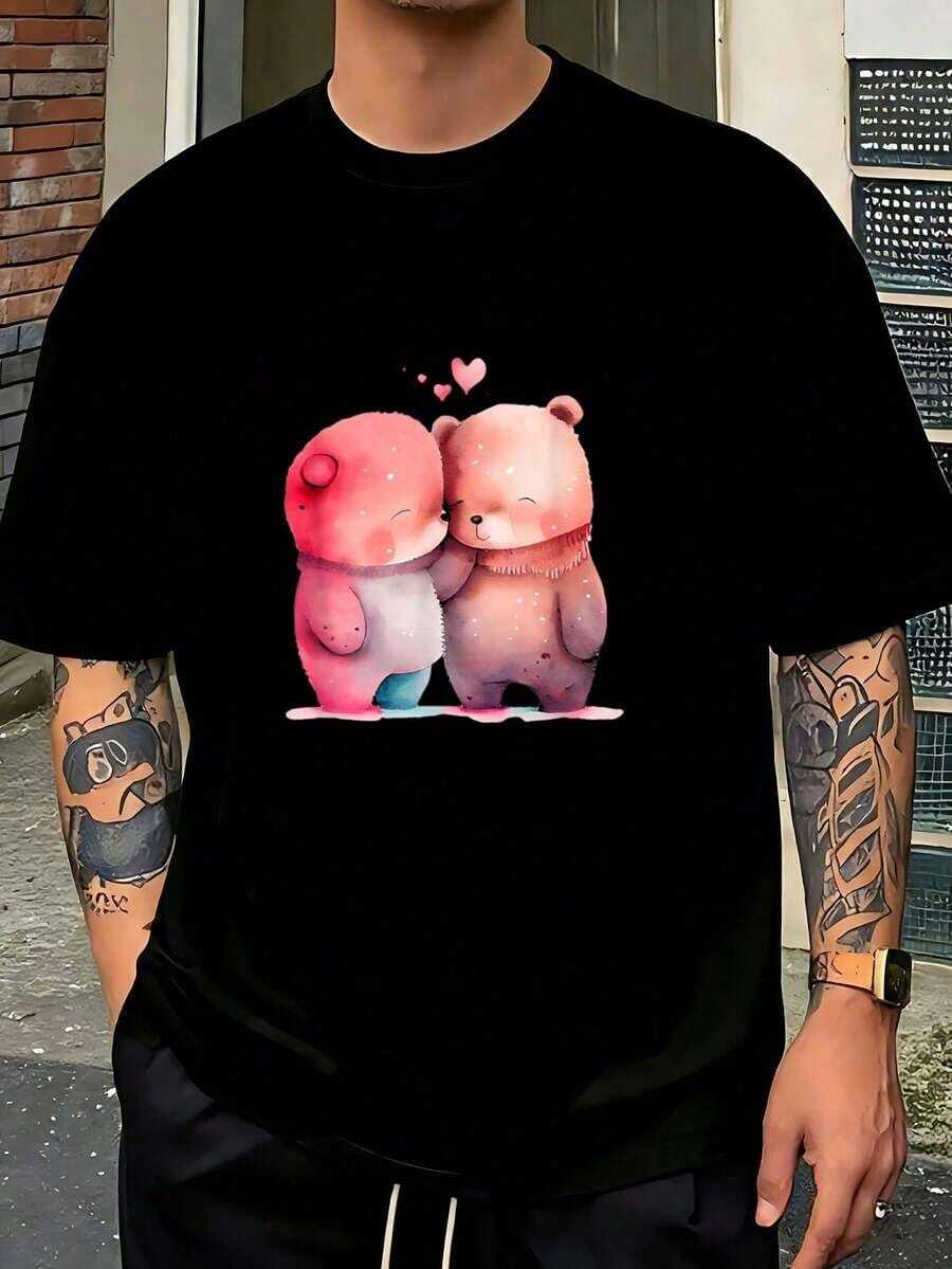 Dos Osos Enamorados con Corazón - Camiseta de Oso para el Día de San Valentín Jpg Camisas Para Hombre - Camisetas Gráficas - Tops Cortos - Conjuntos - Camisetas - Vestidos de Graduación - Negro - Ver 1