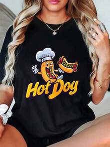 Camisetas Gráficas de Cuello Redondo Oversize para Mujer, Camiseta 100% Algodón, Estampado de Dibujos Animados de Chef Hot Dog, Ropa Casual, Tops de Manga Corta Holgados para Primavera, Camisetas Básicas de Moda de Verano, Regalo de Ropa para Mujer. - Negro - Ver 1