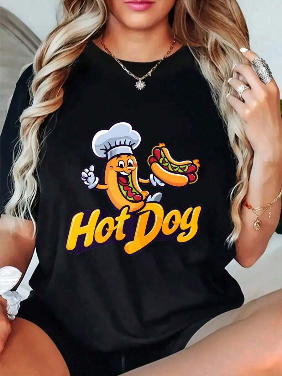 Camisetas Gráficas de Cuello Redondo Oversize para Mujer, Camiseta 100% Algodón, Estampado de Dibujos Animados de Chef Hot Dog, Ropa Casual, Tops de Manga Corta Holgados para Primavera, Camisetas Básicas de Moda de Verano, Regalo de Ropa para Mujer. - Negro - Ver 1