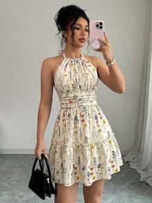 Vestido corto elegante y versátil con cuello halter para vacaciones, primavera/verano - Negro - Ver 4