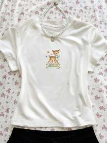 Camiseta casual de mujer de manga corta con cuello redondo y estampado de ciervos de dibujos animados |   Diseño exquisito |   Suelto y cómodo |   Fácil de combinar | - Blanco - Ver 1