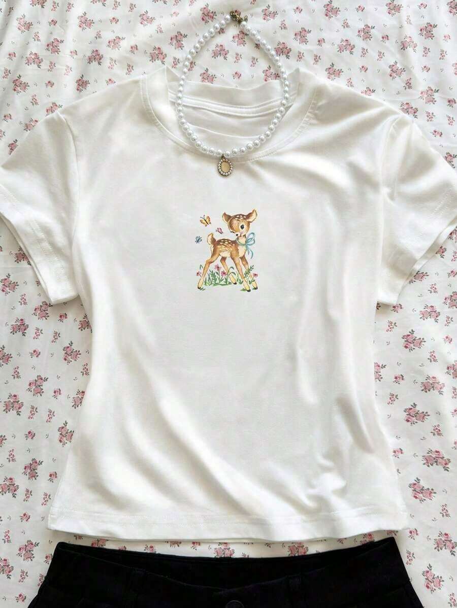 Camiseta casual de mujer de manga corta con cuello redondo y estampado de ciervos de dibujos animados | Diseño exquisito | Suelto y cómodo | Fácil de combinar | - Blanco - Ver 1