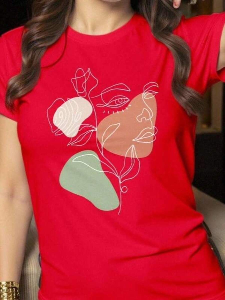 New 2026 Playera básica mujer dama cuello redondo manga corta estampado CARA FLORES casual algodón - Rojo - Ver 1