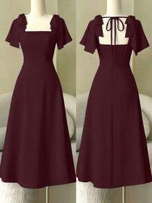 YHHEMERY ROSE Vestido azul de mujer con cuello cuadrado, lazo en la espalda y falda acampanada. Diseño elegante de alta calidad, adecuado como regalo de cumpleaños, para citas, fiestas, Día de San Valentín, Día del Trabajo, Día del Maestro, vuelta al colegio, viajes. Vestido de Moda Primavera/Verano YHH - Rojo violeta - Ver 5