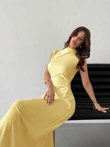 Vestido maxi de línea A con cuello alto, sin mangas, con volantes, elegante y romántico, color blanco, adecuado para citas, uso diario y el trabajo - Amarillo - Ver 8