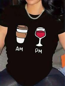 Women's AM/PM Coffee And Wine Graphic T-Shirt - Morning Coffee And Evening Wine Design - Lightweight Polyester Waitress Tee, Casual Everyday Wear - Machine Washable T-Shirt For Daily Use - 黑色 - View 7