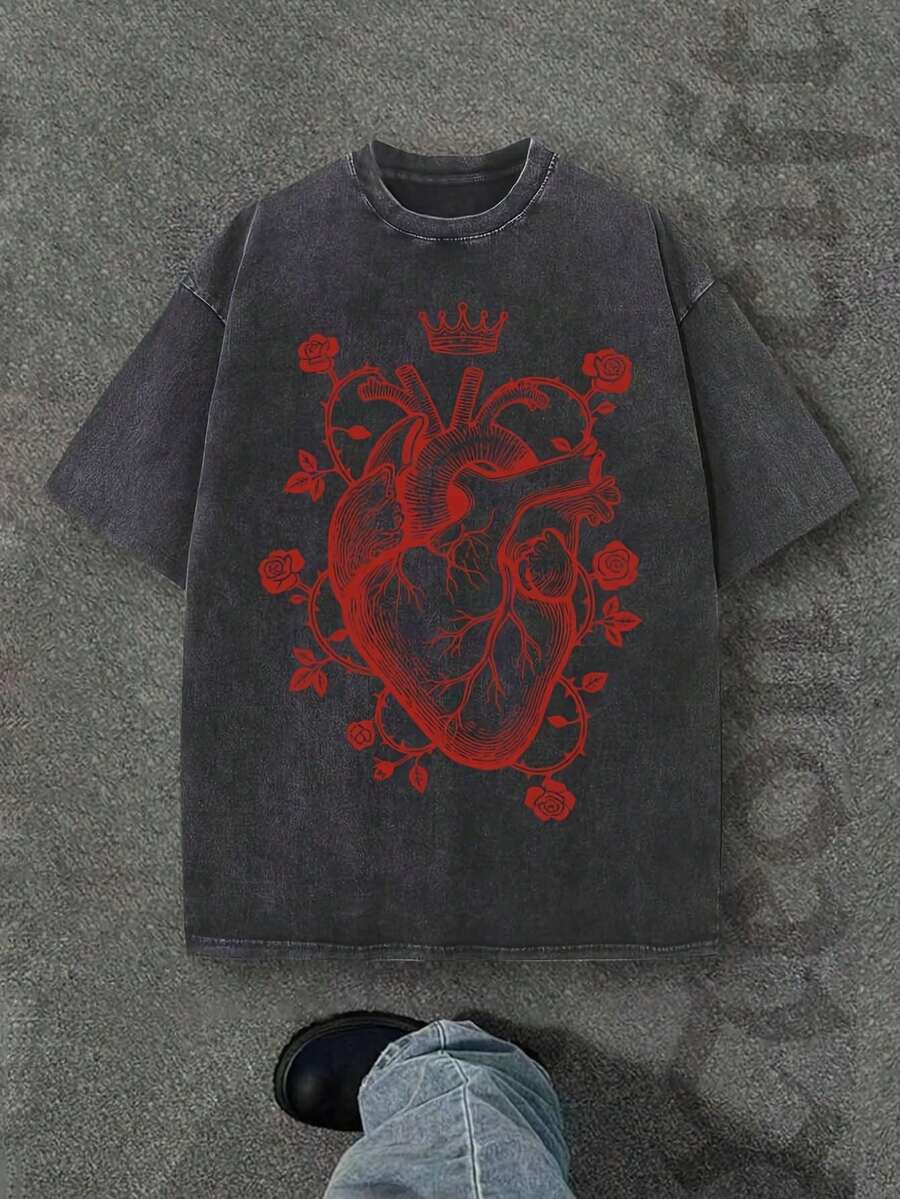 Camiseta casual vintage cómoda y lavada para mujer, camiseta de manga corta con cuello redondo,% algodón lavado y versátil para hombre, adecuada para uso diario y atuendos de, estilo unisex. - Negro - Ver 1