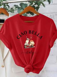 CIAO BELLA Camiseta de manga corta para mujer con estampado de motocicleta italiana, estilo vacacional, para primavera y verano, adecuada para el uso diario, elegante y estilizadora, con cuello redondo sencillo, cómoda y transpirable. - Rojo - Ver 6
