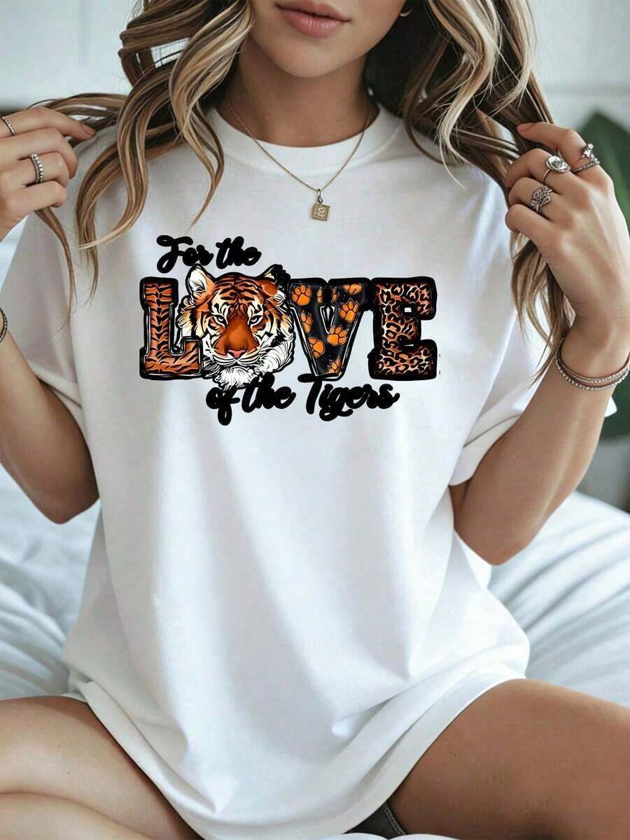 Elegant And Casual Women's Short-Sleeved "For The Love Of The Tigers" Tiger Print T-Shirt, White Summer Casual Wear. - 白色 - 查看 1