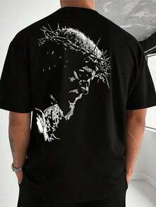 1 camiseta de manga corta para hombre, estilo casual de verano - Estampado gráfico de "Jesus", transpirable y cómoda, corte holgado, cuello redondo, estilo urbano, atuendo informal.|   Camiseta de Corte Holgado|   Tela Transpirable - Negro - Ver 6
