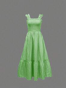 Ladies' Elegant Checkered Pleated Long Skirt - Light Green - View 3