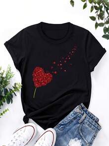 Love Print T-Shirt, Short Sleeve, Round Neck, Casual Top For Summer And Spring, Women's Clothing - Black - View 1