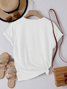 Short-Sleeved T-Shirt With Heart And Leopard Print, Casual Round Neck Sports T-Shirt For Women, Basic Spring/Summer Top, Women's Clothing - 白色 - 查看 2