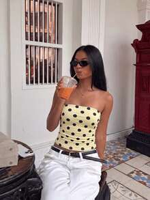 Strapless Crop Top, Blue Base With Black Polka Dots, Sexy Fitted Bandeau Shirt Summer - Yellow - View 2