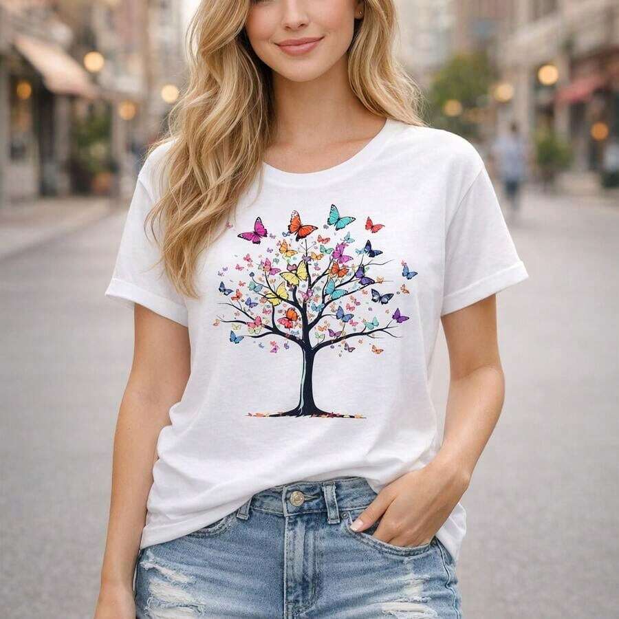 Women's Casual Cotton T-Shirt, Short Sleeve And Round Neck, With Colorful Tree And Butterfly Print, Loose Fit And Basic For Everyday Wear, Comfortable, Soft And Breathable Fabric, Graphic T-Shirt For Summer Fashion. - 白色 - 查看 1