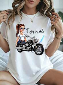 Elegante y casual para mujer, manga corta, camiseta casual para mujer, diseño de chica de dibujos animados montando en moto, disfruta del viaje, ropa de verano blanca para actividades al aire libre. - Blanco - Ver 1