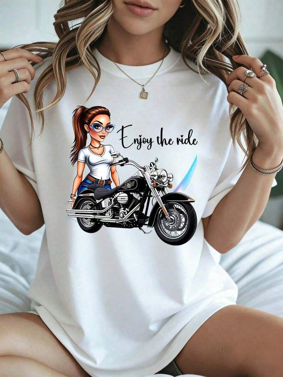 Elegante y casual para mujer, manga corta, camiseta casual para mujer, diseño de chica de dibujos animados montando en moto, disfruta del viaje, ropa de verano blanca para actividades al aire libre. - Blanco - Ver 1
